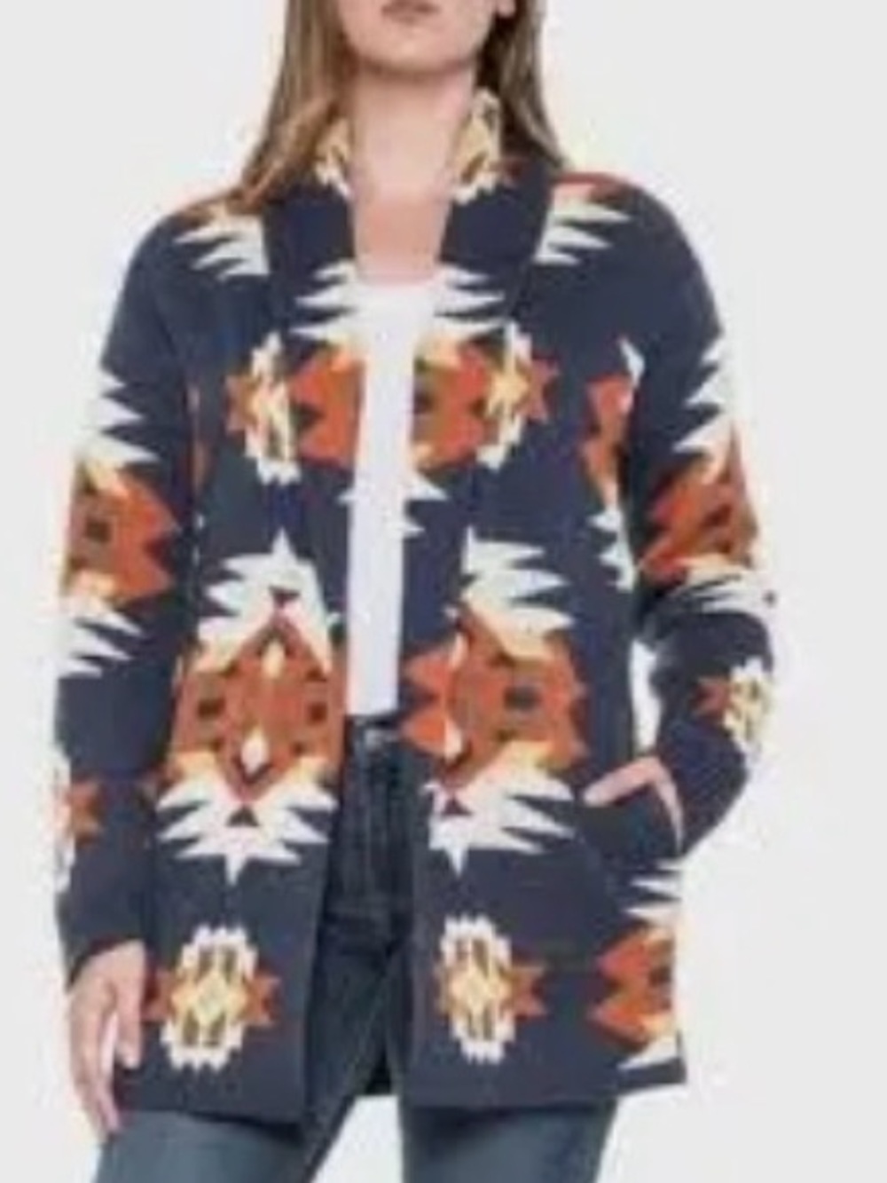 Lucky Brand Long Southwestern Cardigan L Aztec Open Front Boho Western